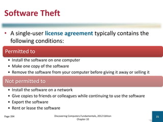 Software Theft
• A single-user license agreement typically contains the
following conditions:
Discovering Computers Fundamentals, 2012 Edition
Chapter 10
21
Page 394
Permitted to
• Install the software on one computer
• Make one copy of the software
• Remove the software from your computer before giving it away or selling it
Not permitted to
• Install the software on a network
• Give copies to friends or colleagues while continuing to use the software
• Export the software
• Rent or lease the software
 