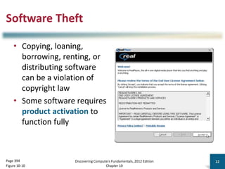 Software Theft
• Copying, loaning,
borrowing, renting, or
distributing software
can be a violation of
copyright law
• Some software requires
product activation to
function fully
Discovering Computers Fundamentals, 2012 Edition
Chapter 10
22
Page 394
Figure 10-10
 