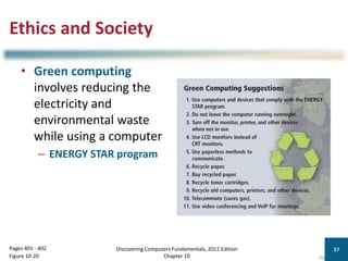 Ethics and Society
• Green computing
involves reducing the
electricity and
environmental waste
while using a computer
– ENERGY STAR program
Discovering Computers Fundamentals, 2012 Edition
Chapter 10
37
Pages 401 - 402
Figure 10-20
 