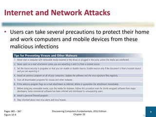 Internet and Network Attacks
• Users can take several precautions to protect their home
and work computers and mobile devices from these
malicious infections
Discovering Computers Fundamentals, 2012 Edition
Chapter 10
9
Pages 385 – 387
Figure 10-4
 