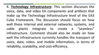 4. Technology Infrastructure: This section discusses the
voice, data, and video EA components and artifacts that
make up the Technology Infrastructure level of the EA3
Cube Framework. The discussion should focus on how
well these internal and external networks, systems, and
cable plants integrate to create a “seamless”
infrastructure. Comment should also be made on how
well the infrastructure currently handles the transport of
voice, data, video, and mobile information, in terms of
reliability, scalability, and cost-efficiency.
 