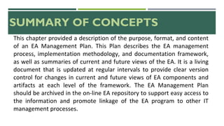 SUMMARY OF CONCEPTS
This chapter provided a description of the purpose, format, and content
of an EA Management Plan. This Plan describes the EA management
process, implementation methodology, and documentation framework,
as well as summaries of current and future views of the EA. It is a living
document that is updated at regular intervals to provide clear version
control for changes in current and future views of EA components and
artifacts at each level of the framework. The EA Management Plan
should be archived in the on-line EA repository to support easy access to
the information and promote linkage of the EA program to other IT
management processes.
 