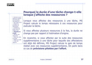 Pourquoi la durée d’une tâche change-t-elle
lorsque j’affecte des ressources ?
Lorsque vous affectez des ressources à une tâche, MS
Project calcule le temps nécessaire à ces ressources pour
exécuter la tâche.
Si vous affectez plusieurs ressources à la fois, la durée ne
change pas par rapport à l'estimation d'origine.
En revanche, si vous affectez par la suite des ressources
supplémentaires à une tâche pour laquelle des affectations
ont déjà été définies, MS Project calcule le gain de temps
réalisé avec ces ressources supplémentaires. On parle dans
ce cas de prévisions pilotées par l'effort.
27Frédéric SIMONNET25/07/13
> Qu’est-ce qu’un
logiciel de gestion
de projet peut
bien apporter ?
> MS Project 2013
> Rappel du
processus de
planification
> Initialiser le
projet dans MS
Project 2013
> Planifier le
projet
> Affecter des
ressources
> Gérer les coûts
du projet
> Piloter le projet
> Créer des
rapports
 
