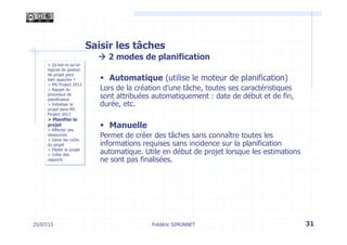 25/07/13 31
> Qu’est-ce qu’un
logiciel de gestion
de projet peut
bien apporter ?
> MS Project 2013
> Rappel du
processus de
planification
> Initialiser le
projet dans MS
Project 2013
> Planifier le
projet
> Affecter des
ressources
> Gérer les coûts
du projet
> Piloter le projet
> Créer des
rapports
Frédéric SIMONNET
Saisir les tâches
à 2 modes de planification
§  Automatique (utilise le moteur de planification)
Lors de la création d’une tâche, toutes ses caractéristiques
sont attribuées automatiquement : date de début et de fin,
durée, etc.
§  Manuelle
Permet de créer des tâches sans connaître toutes les
informations requises sans incidence sur la planification
automatique. Utile en début de projet lorsque les estimations
ne sont pas finalisées.
 