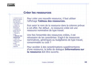 25/07/13 44
> Qu’est-ce qu’un
logiciel de gestion
de projet peut
bien apporter ?
> MS Project 2013
> Rappel du
processus de
planification
> Initialiser le
projet dans MS
Project 2013
> Planifier le
projet
> Affecter des
ressources
> Gérer les
coûts du projet
> Piloter le
projet
> Créer des
rapports
Frédéric SIMONNET
Créer les ressources
Pour créer une nouvelle ressource, il faut utiliser
l’affichage Tableau des ressources.
Puis saisir le nom de la ressource dans la colonne prévue
à cet effet. Par défaut , la ressource créée est une
ressource nominative de type travail.
Une fois l’ensemble des ressources créées, il est
nécessaire de les caractériser. S’agit-il de ressources
nominatives, génériques ou budgétaires de type travail,
consommable ou coût ?
Pour accéder à des caractérisations supplémentaires
d’une ressource, la boîte de dialogue Informations sur
la ressource doit être ouverte.
 