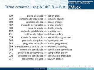 Terms extracted using A ”de” B = B A
729 plano de ac¸c˜ao ⇒ action plan
722 conselho de seguran¸ca ⇒ security council
680 ...