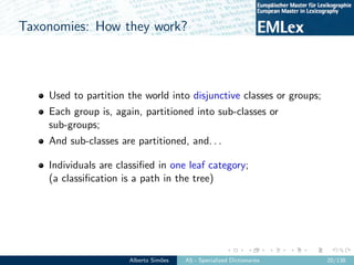 Taxonomies: How they work?
Used to partition the world into disjunctive classes or groups;
Each group is, again, partition...