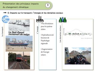 Présentation des principaux impacts
du changement climatique
I
C. Impacts sur le transport, l’énergie et les domaines sociaux
Letransport
L’énergie
• Pas d’évolution
pour le système
éolien
• Hydroélectricité
fonction de
l’hydrologie
régionale
• Augmentation
del’énergie
solaire
Lesdomainessociaux
Source: notre-planete.info
 