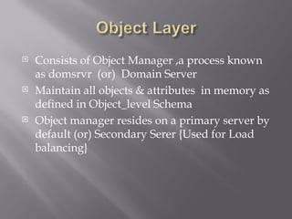   Consists of Object Manager ,a process known
    as domsrvr (or) Domain Server
   Maintain all objects & attributes in memory as
    defined in Object_level Schema
   Object manager resides on a primary server by
    default (or) Secondary Serer {Used for Load
    balancing}
 