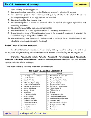 C o l l e g e o f E d u c a t i o n
Page 10
EDUC 4: Assessment of Learning 1 First Semester
entire teaching and learning process.
3. Assessment must recognize that the total individual personality is involved in learning.
4. The assessment process should encourage and give opportunity to the student to become
increasingly independent in self-appraisal and self-direction.
5. Assessment must be done cooperatively.
6. Assessment is positive in nature and promotes action. It includes planning for improvement and
overcoming weaknesses.
7. Assessment is governed by true democratic principles.
8. Assessment should include all significant evidences from every possible source.
9. A comprehensive record of the evidences gathered in the process of assessment is necessary to
ensure an intelligent interpretation of the data.
10. Assessment should take into consideration the nature of the opportunities and limitations of the
educational experiences provided by the school.
Recent Trends in Classroom Assessment
Recent trends in classroom assessment have emerged. Heavy objective testing at the end of an
instruction is being replaced by alternative assessments that may be done during the teaching process.
Alternative Assessments include Authentic Assessment, Performance-Based Assessment,
Portfolios, Exhibitions, Demonstrations, Journals, and other forms of assessment that allow students
to construct their original responses.
These recent trends of classroom assessment are summarized:
TRENDS OF CLASSROOM ASSESSMENT
TO FROM
 Sole emphasis on outcomes
 Isolated skills
 Isolated facts
 Paper-and-pencil tasks
 Decontextualized tasks
 A single correct answer
 Secret standards
 Secret criteria
 Individuals
 After instruction
 Little feedback
 Objective tests
 Standardized tests
 External evaluation
 Single assessment
 Sporadic
 Conclusive
 Assessment of processes
 Integrated skills
 Application of knowledge
 Authentic tasks
 Contextualized tasks
 Several correct answers
 Public standards
 Public criteria
 Groups
 During instruction
 Considerable feedback
 Performance –based tests
 Informal tests
 Students’ self-evaluation
 Multiple assessments
 Continual
 Recursive
 