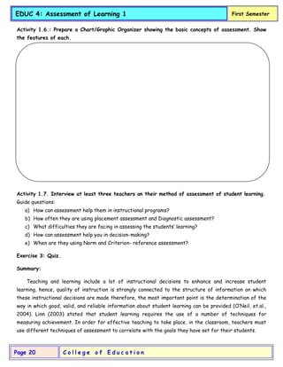 C o l l e g e o f E d u c a t i o n
Page 20
EDUC 4: Assessment of Learning 1 First Semester
Activity 1.6.: Prepare a Chart/Graphic Organizer showing the basic concepts of assessment. Show
the features of each.
Activity 1.7. Interview at least three teachers on their method of assessment of student learning.
Guide questions:
a) How can assessment help them in instructional programs?
b) How often they are using placement assessment and Diagnostic assessment?
c) What difficulties they are facing in assessing the students’ learning?
d) How can assessment help you in decision-making?
e) When are they using Norm and Criterion- reference assessment?
Exercise 3: Quiz.
Summary:
Teaching and learning include a lot of instructional decisions to enhance and increase student
learning, hence, quality of instruction is strongly connected to the structure of information on which
these instructional decisions are made therefore, the most important point is the determination of the
way in which good, valid, and reliable information about student learning can be provided (O’Neil, et.al.,
2004). Linn (2003) stated that student learning requires the use of a number of techniques for
measuring achievement. In order for effective teaching to take place, in the classroom, teachers must
use different techniques of assessment to correlate with the goals they have set for their students.
 