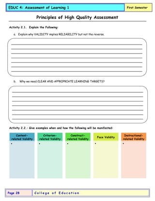 C o l l e g e o f E d u c a t i o n
Page 28
EDUC 4: Assessment of Learning 1 First Semester
Principles of High Quality Assessment
Activity 2.1. Explain the Following:
a. Explain why VALIDITY implies RELIABILITY but not the reverse.
b. Why we need CLEAR AND APPROPRIATE LEARNING TARGETS?
Activity 2.2.: Give examples when and how the following will be manifested:
Content-
related Validity
•
Criterion-
related Validity
•
Construct-
related Validity
•
Face Validity
•
Instructional-
related Validity
•
___________________________________________________________________________
___________________________________________________________________________
___________________________________________________________________________
___________________________________________________________________________
___________________________________________________________________________
___________________________________________________________________________
___________________________________________________________________________
___________________________________________________________________________
___________________________________________________________________________
___________________________________________________________________________
___________________________________________________________________________
___________________________________________________________________________
___________________________________________________________________________
___________________________________________________________________________
 