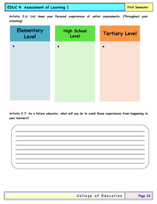 EDUC 4: Assessment of Learning 1 First Semester
C o l l e g e o f E d u c a t i o n Page 33
Elementary
Level
•
High School
Level
•
Tertiary Level
•
Activity 2.6: List down your Personal experiences of unfair assessments. (Throughout your
schooling)
Activity 2.7: As a future educator, what will you do to avoid those experiences from happening to
your learners?
_________________________________________________________________________
_________________________________________________________________________
_________________________________________________________________________
_________________________________________________________________________
_________________________________________________________________________
_________________________________________________________________________
_________________________________________________________________________
_________________________________________________________________________
 