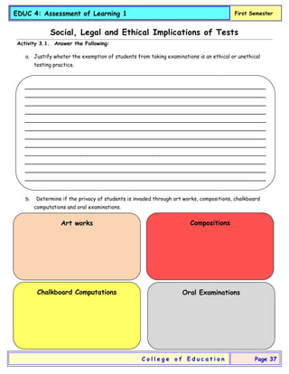 EDUC 4: Assessment of Learning 1 First Semester
C o l l e g e o f E d u c a t i o n Page 37
Social, Legal and Ethical Implications of Tests
Activity 3.1. Answer the Following:
a. Justify wheter the exemption of students from taking examinations is an ethical or unethical
testing practice.
b. Determine if the privacy of students is invaded through art works, compositions, chalkboard
computations and oral examinations.
__________________________________________________________________________
__________________________________________________________________________
__________________________________________________________________________
__________________________________________________________________________
__________________________________________________________________________
__________________________________________________________________________
__________________________________________________________________________
__________________________________________________________________________
__________________________________________________________________________
__________________________________________________________________________
__________________________________________________________________________
__________________________________________________________________________
Art works Compositions
Chalkboard Computations Oral Examinations
 