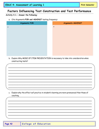 C o l l e g e o f E d u c a t i o n
Page 42
EDUC 4: Assessment of Learning 1 First Semester
Arguments FOR
•
Arguments AGAINST
•
Factors Influencing Test Construction and Test Performance
Activity 4.1.: Answer the Following:
a. Cite Arguments FOR and AGAINST testing frequency:
b. Explain Why MODE OF ITEM PRESENTATION is neccesary to take into consideration when
constructing tests?
c. Explain why the effect sof practice in student’s learning are more pronounced than those of
coaching.
___________________________________________________________________________
___________________________________________________________________________
___________________________________________________________________________
___________________________________________________________________________
___________________________________________________________________________
___________________________________________________________________________
___________________________________________________________________________
___________________________________________________________________________
___________________________________________________________________________
___________________________________________________________________________
___________________________________________________________________________
___________________________________________________________________________
___________________________________________________________________________
___________________________________________________________________________
 