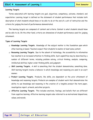C o l l e g e o f E d u c a t i o n
Page 44
EDUC 4: Assessment of Learning 1 First Semester
Learning Targets
Terms associated with learning targets are goal, objectives, competency, outcome, standard, and
expectation. Learning target is defined as the statement of student performance that includes both
description of what students should know or be able to do at the end of a unit of instruction and the
criteria for judging the level of performances demonstrated.
The learning targets are composed of content and criteria. Content is what students should know
and be able to do. On the other hand, criteria are dimensions of student performance used for judging
attainment.
Types of Learning Targets
 Knowledge Learning Targets. Knowledge of the subject matter is the foundation upon which
other learning is based. Teachers expect their students to master at least some content.
 Reasoning Learning Targets. Due to the advent of technology, the accessibility to information
has resulted in an increased attention to thinking skills. Such capabilities may be described by a
number of different terms, including problem solving, critical thinking, analysis, comparing,
intellectual abilities, higher-order thinking skills, and judgment.
 Skill Learning Targets. A skill is something that the student demonstrates, something done.
Skill learning targets involve a behavior in which knowledge and reasoning are used in an overt
manner.
 Product Learning Targets. Products, like skills, are dependent on the prior attainment of
knowledge and reasoning targets. Products are samples of student work that demonstrates the
ability to use knowledge and reasoning in the creation of a tangible product like term paper,
investigative report, artwork, and other projects.
 Affective Learning Targets. This includes emotions, feelings, and beliefs that are different
from cognitive learning. Affective learning targets also referred to as motivational dispositions,
values, and morals.
 