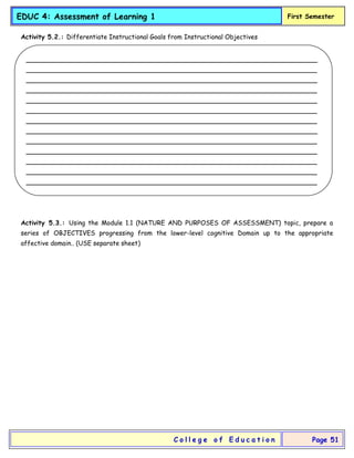 EDUC 4: Assessment of Learning 1 First Semester
C o l l e g e o f E d u c a t i o n Page 51
Activity 5.2.: Differentiate Instructional Goals from Instructional Objectives
}}
Activity 5.3.: Using the Module 1.1 (NATURE AND PURPOSES OF ASSESSMENT) topic, prepare a
series of OBJECTIVES progressing from the lower-level cognitive Domain up to the appropriate
affective domain.. (USE separate sheet)
_________________________________________________________________________
_________________________________________________________________________
_________________________________________________________________________
_________________________________________________________________________
_________________________________________________________________________
_________________________________________________________________________
_________________________________________________________________________
_________________________________________________________________________
_________________________________________________________________________
_________________________________________________________________________
_________________________________________________________________________
_________________________________________________________________________
_________________________________________________________________________
__________________________________________________________________
 