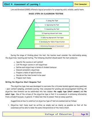 EDUC 4: Assessment of Learning 1 First Semester
C o l l e g e o f E d u c a t i o n Page 53
Linn and Gronlund (2000) offered a logical procedure for preparing valid, reliable, useful tests.
BASIC STEPS IN CLASSROOM TESTING
During the stage of thinking about the test, the teacher must consider the relationship among
the objectives, teaching and testing. The following checklist should assist the test conductor.
 Specify the course or unit content
 List the major course or unit objectives
 Define each objectives in terms of student behavior
 Discard unrealistic objectives
 Prepare a table of specifications
 Decide on the item format to be used
 Prepare test items
Writing the Objective Short-Response Test
The objective type item was developed to overcome the criticisms leveled against essay questions
– poor content sampling, unreliable scoring, time consumed for grading and encouragement bluffing. All
objective item formats can be subdivided into two classes: the supply type (short answer) and the
select type. One of the virtues of the objective type is that it is economical; in obtaining information
from a student because, in general, it takes less time to answer than an essay question.
Suggestions on how to construct an objective type of test are summarized as follows:
1. Objective test items must be written as simply and as clearly as possible so that all the
examinees will be able to make the same interpretation of the item’s intent.
7. Using the Test
6. Appraising the Test
5. Assembling the Test
4. Preparing relevant test items
3. Selecting Appropriate Test types
2. Developing the Table of Specification
1. Determining the purpose of measurement
 