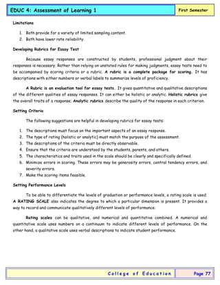 EDUC 4: Assessment of Learning 1 First Semester
C o l l e g e o f E d u c a t i o n Page 77
Limitations
1. Both provide for a variety of limited sampling content.
2. Both have lower rate reliability.
Developing Rubrics for Essay Test
Because essay responses are constructed by students, professional judgment about their
responses is necessary. Rather than relying on unstated rules for making judgments, essay tests need to
be accompanied by scoring criteria or a rubric. A rubric is a complete package for scoring. It has
descriptions with either numbers or verbal labels to summarize levels of proficiency.
A Rubric is an evaluation tool for essay tests. It gives quantitative and qualitative descriptions
of the different qualities of essay responses. It can either be holistic or analytic. Holistic rubrics give
the overall traits of a response; Analytic rubrics describe the quality of the response in each criterion.
Setting Criteria
The following suggestions are helpful in developing rubrics for essay tests:
1. The descriptions must focus on the important aspects of an essay response.
2. The type of rating (holistic or analytic) must match the purpose of the assessment.
3. The descriptions of the criteria must be directly observable.
4. Ensure that the criteria are understood by the students, parents, and others.
5. The characteristics and traits used in the scale should be clearly and specifically defined.
6. Minimize errors in scoring. These errors may be generosity errors, central tendency errors, and
severity errors.
7. Make the scoring items feasible.
Setting Performance Levels
To be able to differentiate the levels of graduation or performance levels, a rating scale is used.
A RATING SCALE also indicates the degree to which a particular dimension is present. It provides a
way to record and communicate qualitatively different levels of performance.
Rating scales can be qualitative, and numerical and quantitative combined. A numerical and
quantitative scale uses numbers on a continuum to indicate different levels of performance. On the
other hand, a qualitative scale uses verbal descriptions to indicate student performance.
 