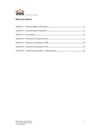 Daniel Estevão, Hugo Garrido,
João N. Calado, Ricardo Ribeiro
e Tiago Rodrigues
4
ÍNDICE DE TABELAS
Tabela Nº 1 – Índice de Siglas e Abreviaturas .....................................................................................................5
Tabela Nº 2 – Contributo para o Beneficio............................................................................................................9
Tabela Nº 3 – Ponto Morto............................................................................................................................................9
Tabela Nº 4 – Aumento da Variação em 5%.........................................................................................................9
Tabela Nº 5 – Aumento da Variação em 10% ...................................................................................................10
Tabela Nº 6 – Aumento da Variação em 15% ...................................................................................................10
Tabela Nº7 – Caracterização da oferta – Dados Auxiliar...........................................................................10
 
