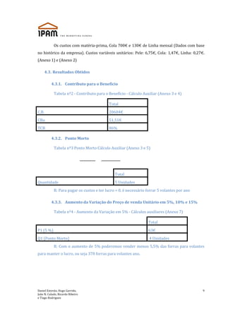 Daniel Estevão, Hugo Garrido,
João N. Calado, Ricardo Ribeiro
e Tiago Rodrigues
9
Os custos com matéria-prima, Cola 700€ e 130€ de Linha mensal (Dados com base
no histórico da empresa). Custos variáveis unitários: Pele: 6,75€, Cola: 1,47€, Linha: 0,27€.
(Anexo 1) e (Anexo 2)
4.3. Resultados Obtidos
4.3.1. Contributo para o Beneficio
Tabela nº2 - Contributo para o Benefício - Cálculo Auxiliar (Anexo 3 e 4)
Total
C.B. 20604€
CBu 51,51€
TCB 86%
4.3.2. Ponto Morto
Tabela nº3 Ponto Morto Cálculo Auxiliar (Anexo 3 e 5)
Total
Quantidade 5 Unidades
R: Para pagar os custos e ter lucro = 0, é necessário forrar 5 volantes por ano
4.3.3. Aumento da Variação do Preço de venda Unitário em 5%, 10% e 15%
Tabela nº4 - Aumento da Variação em 5% - Cálculos auxiliares (Anexo 7)
Total
P1 (5 %) 63€
Q1 (Ponto Morto) 4 Unidades
R: Com o aumento de 5% poderemos vender menos 5,5% das forras para volantes
para manter o lucro, ou seja 378 forras para volantes ano.
 