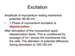 Excitation
Amplitude of myocardium resting membrane
potential -80-90 mV.
• 1 Phase of myocardium excitation is
depolarization.
After stimulation of the myocardium quick
depolarization starts. This is conditioned by
passage of Na+ across the membranes into
the cells. The alteration of potential difference
during stimulation is 100-120 mV.
 