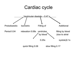 Cardiac cycle
Ventricular diastole – 0.47 s
Protodiastolic Isometric Filling of Additional
Period 0.04 relaxation 0.08s ventricles filling by blood
by blood (due to atrial
0.25s systole)0.1s
quick filling 0.08 slow filling 0.17
 