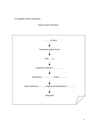 8. Complete the flow chart below


                            Tissue Culture Technique




                                   …………. of carrot




                              Transverse section of root




                                     Cell ( …..n )




                          Fragments cultured in ……………..




                     Cell division ………………. to form …………




           Callus cultured on ……….. medium and transferred to ………….




                                      Adult plant




                                                                      4
 
