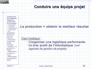 Frédéric SIMONNET 1224/04/13
Conduire une équipe projetConduire une équipe projet
Comprendre
les différents
stades de
constitution
d’une équipe
- L’observation
- La cohésion
- La différentiation
- L’organisation
- La
production
Evaluer les
forces en
présence
- Observation :
Analyse des
parties
prenantes
- Cohésion : La
pyramide de
Maslow
- Différentiation :
La relation à
l’autre
- Différentiation :
La typologie de
Belbin
- …
Comprendre
les différents
stades de
constitution
d’une équipe
- L’observation
- La cohésion
- La différentiation
- L’organisation
- La
production
Evaluer les
forces en
présence
- Observation :
Analyse des
parties
prenantes
- Cohésion : La
pyramide de
Maslow
- Différentiation :
La relation à
l’autre
- Différentiation :
La typologie de
Belbin
- …
La production = obtenir le meilleur résultat
Ceci implique :
 D’organiser une logistique performante
 De tirer profit de l’informatique (voir
logiciels de gestion de projets)
 