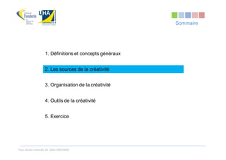 Sommaire




                   1. Définitions et concepts généraux


                   2. Les sources de la créativité


                   3. Organisation de la créativité


                   4. Outils de la créativité


                   5. Exercice




Tous droits réservés Dr. Sabri MOURAD
 