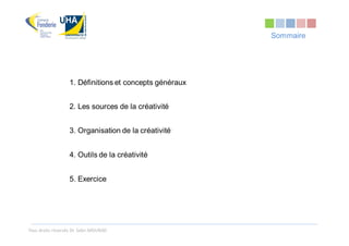 Sommaire




                   1. Définitions et concepts généraux


                   2. Les sources de la créativité


                   3. Organisation de la créativité


                   4. Outils de la créativité


                   5. Exercice




Tous droits réservés Dr. Sabri MOURAD
 