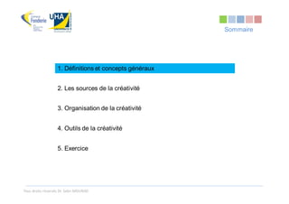 Sommaire




                   1. Définitions et concepts généraux


                   2. Les sources de la créativité


                   3. Organisation de la créativité


                   4. Outils de la créativité


                   5. Exercice




Tous droits réservés Dr. Sabri MOURAD
 