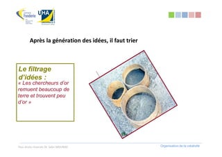 Après la génération des idées, il faut trier



Le filtrage
d’idées :
« Les chercheurs d’or
remuent beaucoup de
terre et trouvent peu
d’or »




Tous droits réservés Dr. Sabri MOURAD                  Organisation de la créativité
 