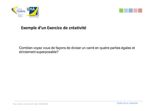 Exemple d’un Exercice de créativité



      Combien voyez vous de façons de diviser un carré en quatre parties égales et
      strictement superposable?




Tous droits réservés Dr. Sabri MOURAD                                 Outils de la créativité
 