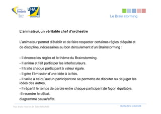 Le Brain storming



      L’animateur, un véritable chef d’orchestre


      L’animateur permet d’établir et de faire respecter certaines règles d’équité et
      de discipline, nécessaires au bon déroulement d’un Brainstorming :


      - Il énonce les règles et le thème du Brainstorming.
      - Il anime et fait participer les interlocuteurs.
      - Il traite chaque participant à valeur égale.
      - Il gère l’émission d’une idée à la fois.
      - Il veille à ce qu’aucun participant ne se permette de discuter ou de juger les
      idées des autres.
      - Il répartit le temps de parole entre chaque participant de façon équitable.
      -Il recentre le débat.
      diagramme cause/effet.

Tous droits réservés Dr. Sabri MOURAD                                     Outils de la créativité
 