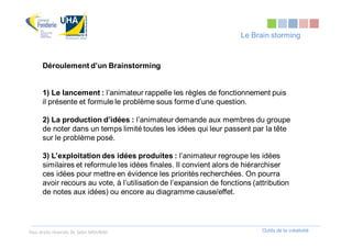 Le Brain storming



      Déroulement d’un Brainstorming


      1) Le lancement : l’animateur rappelle les règles de fonctionnement puis
      il présente et formule le problème sous forme d’une question.

      2) La production d’idées : l’animateur demande aux membres du groupe
      de noter dans un temps limité toutes les idées qui leur passent par la tête
      sur le problème posé.

      3) L’exploitation des idées produites : l’animateur regroupe les idées
      similaires et reformule les idées finales. Il convient alors de hiérarchiser
      ces idées pour mettre en évidence les priorités recherchées. On pourra
      avoir recours au vote, à l’utilisation de l’expansion de fonctions (attribution
      de notes aux idées) ou encore au diagramme cause/effet.




Tous droits réservés Dr. Sabri MOURAD                                       Outils de la créativité
 