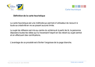 Carte heuristique


         Définition de la carte heuristique


    La carte heuristique est une méthode qui permet à l’utilisateur de recourir à
    toute sa créativité en ne se posant aucune limite.

    Le sujet de réflexion est mis au centre du schéma et à partir de là, la personne
    déposera toutes les idées qui lui traversent l’esprit en les reliant au sujet central
    et en effectuant des ramifications.


    L’avantage de ce procédé est d’éviter l’angoisse de la page blanche.




Tous droits réservés Dr. Sabri MOURAD                                      Outils de la créativité
 