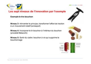 Les sept niveaux de l’innovation par l’exemple
     Exemple le tire bouchon


     Niveau 3: réinventer le principe, transformer l’effort de traction
     à un mouvement rotatif (screwpull)

     Niveau 4: Incorporer le tir bouchon à l’intérieur du bouchon
     (procédé Metacork)

     Niveau 5: Sortir du cadre: bouchon à vis qui supprime le
     bouchonnage




Tous droits réservés Dr. Sabri MOURAD
 