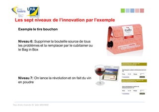 Les sept niveaux de l’innovation par l’exemple
     Exemple le tire bouchon


     Niveau 6: Supprimer la bouteille source de tous
     les problèmes et la remplacer par le cubitainer ou
     le Bag in Box




     Niveau 7: On lance la révolution et on fait du vin
     en poudre




Tous droits réservés Dr. Sabri MOURAD
 