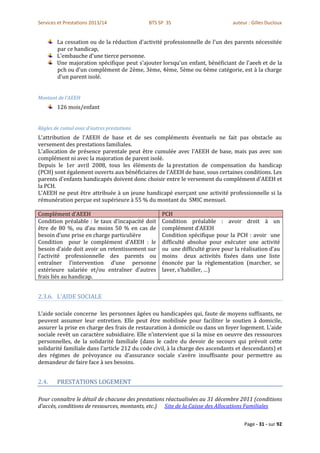 Services et Prestations 2013/14              BTS SP 3S                         auteur : Gilles Ducloux


        La cessation ou de la réduction d'activité professionnelle de l'un des parents nécessitée
        par ce handicap,
        L'embauche d'une tierce personne.
        Une majoration spécifique peut s'ajouter lorsqu'un enfant, bénéficiant de l'aeeh et de la
        pch ou d'un complément de 2ème, 3ème, 4ème, 5ème ou 6ème catégorie, est à la charge
        d'un parent isolé.


Montant de l’AEEH
        126 mois/enfant


Règles de cumul avec d'autres prestations
L'attribution de l'AEEH de base et de ses compléments éventuels ne fait pas obstacle au
versement des prestations familiales.
L'allocation de présence parentale peut être cumulée avec l'AEEH de base, mais pas avec son
complément ni avec la majoration de parent isolé.
Depuis le 1er avril 2008, tous les éléments de la prestation de compensation du handicap
(PCH) sont également ouverts aux bénéficiaires de l'AEEH de base, sous certaines conditions. Les
parents d'enfants handicapés doivent donc choisir entre le versement du complément d'AEEH et
la PCH.
L'AEEH ne peut être attribuée à un jeune handicapé exerçant une activité professionnelle si la
rémunération perçue est supérieure à 55 % du montant du SMIC mensuel.

Complément d’AEEH                                 PCH
Condition préalable : le taux d’incapacité doit   Condition préalable : avoir droit à un
être de 80 %, ou d’au moins 50 % en cas de        complément d’AEEH
besoin d’une prise en charge particulière         Condition spécifique pour la PCH : avoir une
Condition pour le complément d’AEEH : le          difficulté absolue pour exécuter une activité
besoin d’aide doit avoir un retentissement sur    ou une difficulté grave pour la réalisation d’au
l’activité professionnelle des parents ou         moins deux activités fixées dans une liste
entraîner l’intervention d’une personne           énoncée par la règlementation (marcher, se
extérieure salariée et/ou entraîner d’autres      laver, s’habiller, …)
frais liés au handicap.


2.3.6. L’AIDE SOCIALE

L’aide sociale concerne les personnes âgées ou handicapées qui, faute de moyens suffisants, ne
peuvent assumer leur entretien. Elle peut être mobilisée pour faciliter le soutien à domicile,
assurer la prise en charge des frais de restauration à domicile ou dans un foyer logement. L’aide
sociale revêt un caractère subsidiaire. Elle n’intervient que si la mise en oeuvre des ressources
personnelles, de la solidarité familiale (dans le cadre du devoir de secours qui prévoit cette
solidarité familiale dans l’article 212 du code civil, à la charge des ascendants et descendants) et
des régimes de prévoyance ou d’assurance sociale s’avère insuffisante pour permettre au
demandeur de faire face à ses besoins.


2.4.    PRESTATIONS LOGEMENT

Pour connaître le détail de chacune des prestations réactualisées au 31 décembre 2011 (conditions
d’accès, conditions de ressources, montants, etc.) Site de la Caisse des Allocations Familiales


                                                                                    Page - 31 - sur 92
 
