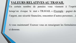 VALEURS RELATIVES AU TRAVAIL
Un certain nombre de pensées vous viennent à l’esprit
lorsqu’on évoque le mot « TRAVAIL » (Exemple : gagner de
l’argent, une sécurité financière, rencontrer d’autres personnes…)
A vous maintenant! Exercez vous en renseignant les formulaires
ci dessous.
 
