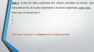 Test 1: Listez les idées exprimant des valeurs accordées au travail puis
hiérarchisez-les, de la plus importante à la moins importante, pour vous.
Pour moi, le travail sert à
1-
2-
3-
:
NB: Pensez à reporter vos réponses dans le Tableau de Bord.
8
 