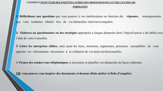 COMMENT EFFECTUER DES ENQUÊTES AUPRES DES PROFESSIONNELS ET DES CENTRES DE
FORMATION
1/ Réfléchissez aux questions que vous poserez à vos interlocuteurs en fonction des réponses, renseignements
que vous souhaitez obtenir lors de vos démarches /interviews/enquêtes.
2/ Elaborez un questionnaire ou des stratégies appropriés à chaque démarche dont l’objectif précis a été défini avec
l’aide de votre Conseiller.
3/ Listez les entreprises ciblées, mais aussi les lieux, structures, organismes, personnes susceptibles de vous
apporter les informations nécessaires à la validation de vos pistes professionnelles.
4/ Prenez des rendez-vous téléphoniques si nécessaire et planifiez vos démarches de façon cohérente.
NB: vous pouvez vous inspirer des documents ci-dessous (fiche métier et fiche d’enquête)
 