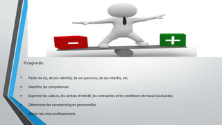 • Parler de soi, de son identité, de son parcours, de ses intérêts, etc.
• Identifier les compétences
• Exprimer les valeurs, les centres d’intérêt, les contraintes et les conditions de travail souhaitées
• Déterminer les caractéristiques personnelles
• Elargir les choix professionnels
Il s’agira de:
 