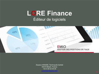 LORE Finance
Éditeur de logiciels

Espace HANAMI, Technopole Izarbel
64210 Bidart, France
+33 5 59 43 55 05
www.lore-finance.com

 