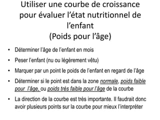 Utiliser une courbe de croissance
pour évaluer l’état nutritionnel de
l’enfant
(Poids pour l’âge)
• Déterminer l’âge de l’enfant en mois
• Peser l’enfant (nu ou légèrement vêtu)
• Marquer par un point le poids de l’enfant en regard de l’âge
• Déterminer si le point est dans la zone normale, poids faible
pour l’âge, ou poids très faible pour l’âge de la courbe
• La direction de la courbe est très importante. Il faudrait donc
avoir plusieurs points sur la courbe pour mieux l’interpréter
 