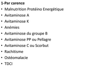 1-Par carence
• Malnutrition Protéino Energétique
• Avitaminose A
• Avitaminose K
• Anémies
• Avitaminose du groupe B
• Avitaminose PP ou Pellagre
• Avitaminose C ou Scorbut
• Rachitisme
• Ostéomalacie
• TDCI
 