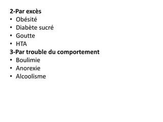 2-Par excès
• Obésité
• Diabète sucré
• Goutte
• HTA
3-Par trouble du comportement
• Boulimie
• Anorexie
• Alcoolisme
 