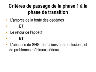Critères de passage de la phase 1 à la
phase de transition
• L’amorce de la fonte des oedèmes
• ET
• Le retour de l’appétit
• ET
• L’absence de SNG, perfusions ou transfusions, et
de problèmes médicaux sérieux.
 