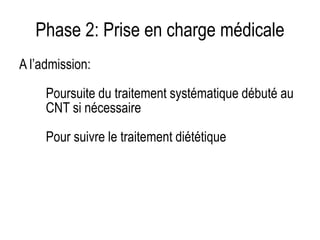 Phase 2: Prise en charge médicale
A l’admission:
Poursuite du traitement systématique débuté au
CNT si nécessaire
Pour suivre le traitement diététique
 